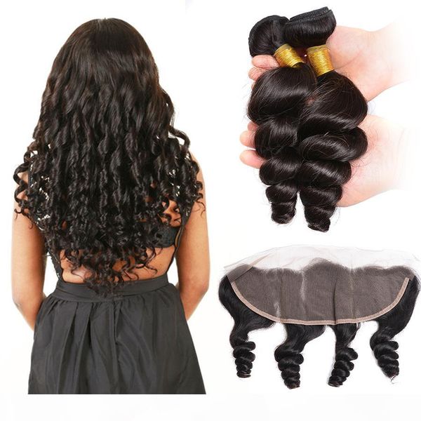 

13x4 ear to ear lace frontal closure with bundles 8a brazilian virgin hair loose wave 4 bundles with frontal closure human hair, Black;brown
