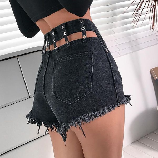 

women's shorts punk summer denim women hollow back short feminino streetwear pockets zipper high waist pants, White;black