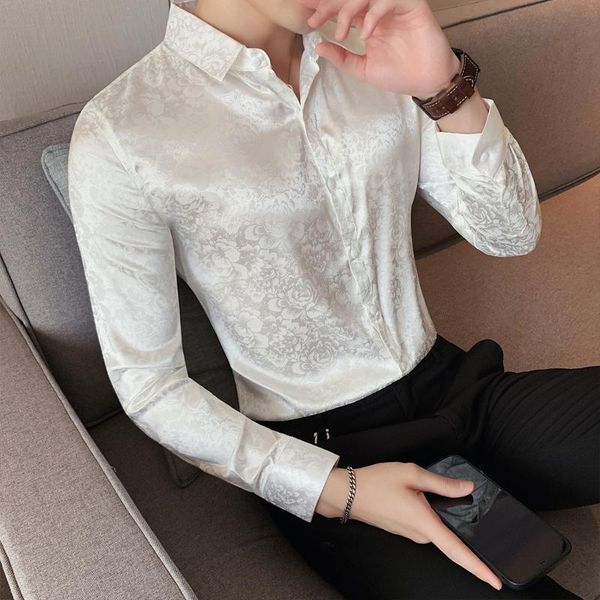 

men's casual shirts luxury printed shirt long sleeve slim fit business dress social party male clothes streetwear chemise homme, White;black
