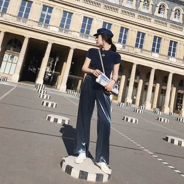 

velvet elegant womens trousers high waist loose casual wide leg long pants female 2021 autumn fashion new clothing, Black;white