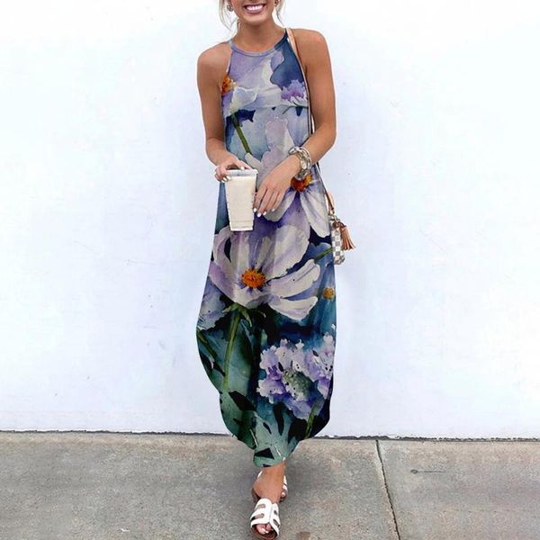 

casual dresses maxi sleeveless sundress women floral print causal halter summer beach dress asymmetric ladies sling long, Black;gray