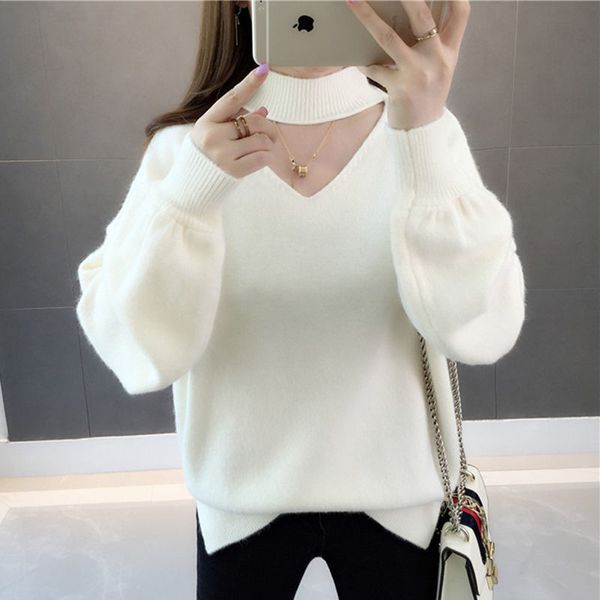 

2021 new women autumn winter half turtleneck hollow out pullover bottoming knitted korean solid loose lantern sleeve sweater pse0 pnm6, White;black