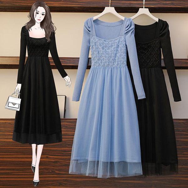 

casual dresses 2021 blue plus size women midi dress autumn long-sleeved square neck embroidered flares stitching mesh black knitted, Black;gray