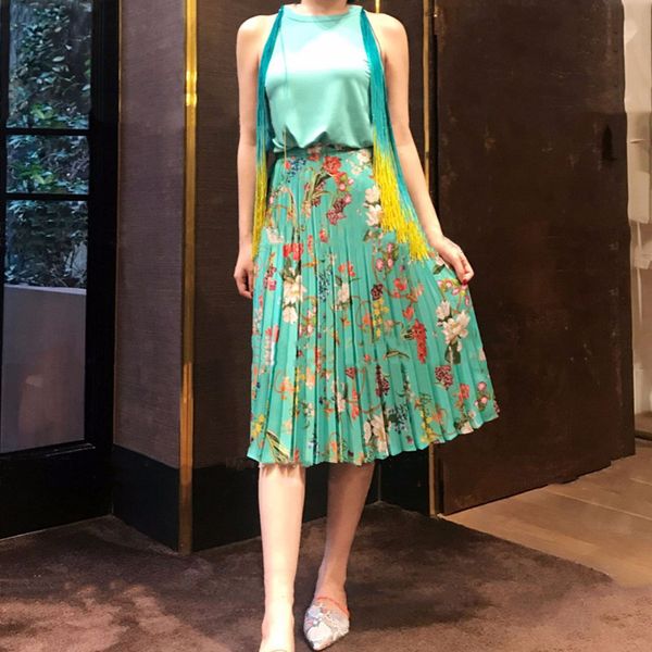 

2021 new mulher verde vero romntico flor impresso plissado midi saia l2xn, Black