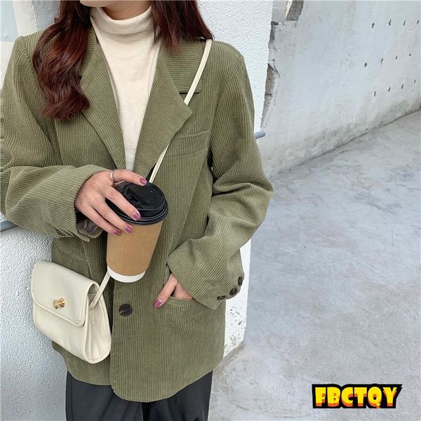 

women's suits & blazers single breasted retro thick corduroy blazer long sleeve office lady 2021 women outerwear loose suit jacket coat, White;black