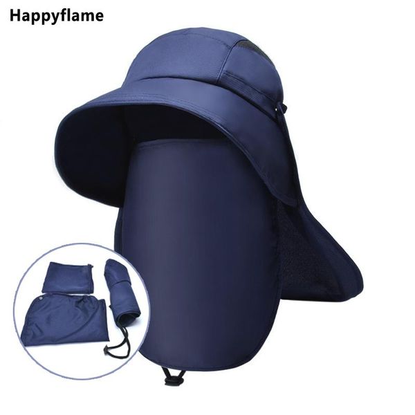 

wide brim hats 3-pcs men hiking women fishing cap cloak removable face neck big hat female outdoor cycling anti-uv visor, Blue;gray