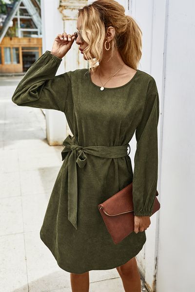 

2021 fashion trend women elegant corduroy mini dress autumn new round neck long sleeve solid color fall dress with belt decor, Black;gray