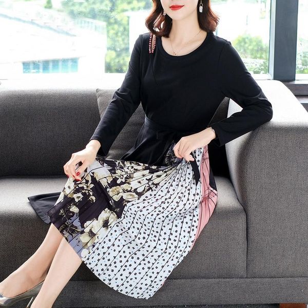 

casual dresses vintage 3xl plus size long sleeve 2021 spring black patchwork pleated midi dress elegant bodycon party vestidos, Black;gray