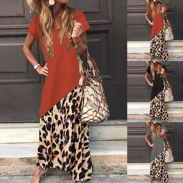

summer loose long casual womens dress short sleeve leopard printed maxi plus size, Black;gray
