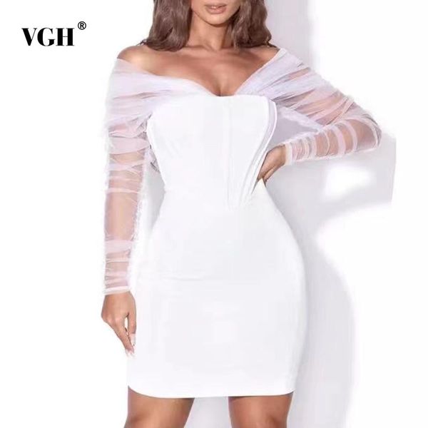 

casual dresses vgh white patchwork mesh dress for women v neck long sleeve high waist slim bodycon mini female 2021 summer fashion, Black;gray