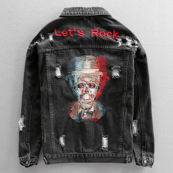

men's jackets autumn newly fashion denim jacket men retro black skulls embroidery designer ripped cotton coats streetwear hip hop, Black;brown
