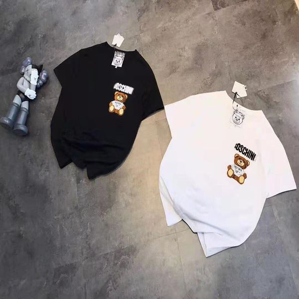 

2021 spring new toothbrush embroidered bear t-shirt ~ flocked letters cute less loose short sleeve1, White;black