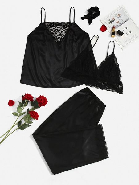 

plus contrast lace satin pj set h6fj#, Black;white