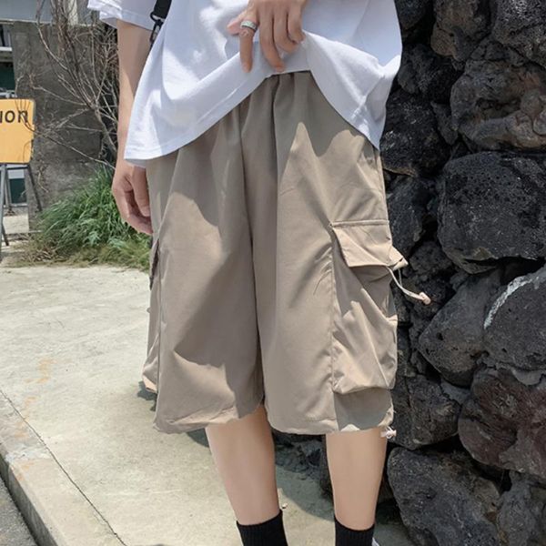 

summer solid color shorts men korean loose casual straight shorts men harajuku streetwear hip-hop big pocket overalls, White;black
