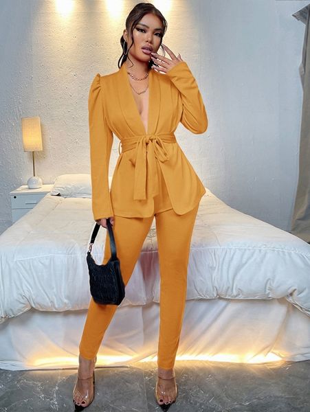 

puff sleeve belted coat & leggings o77f#, White