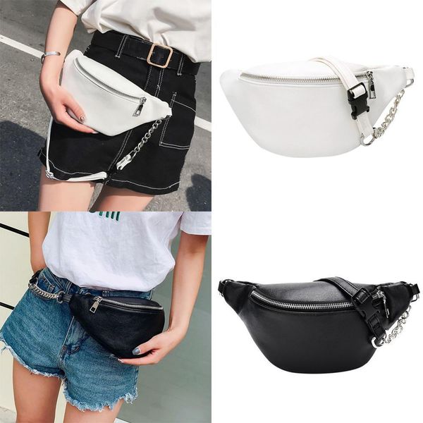 

women's casual pu waist bag chain fanny pack travel belt purse shoulder bags female crossbody bags black/white