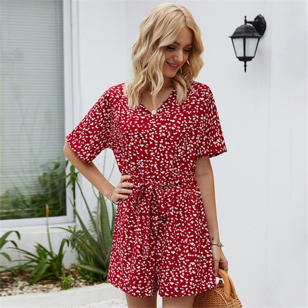 

women's jumpsuits & rompers folral print playsuits for women 2021 summer lace up with sashes short sleeve v neck ladies casual loose pu, Black;white