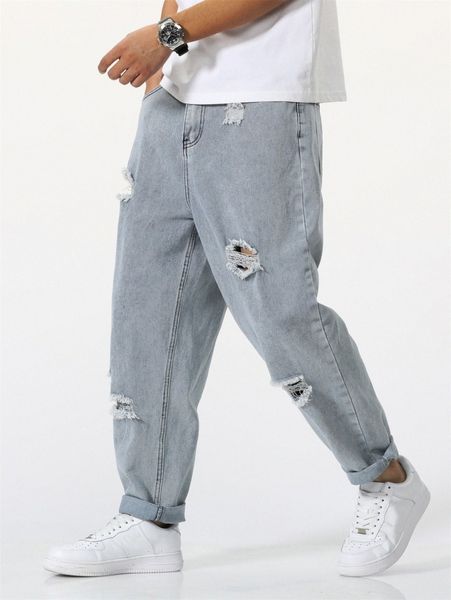 

men ripped washed straight leg jeans u48x#, Blue