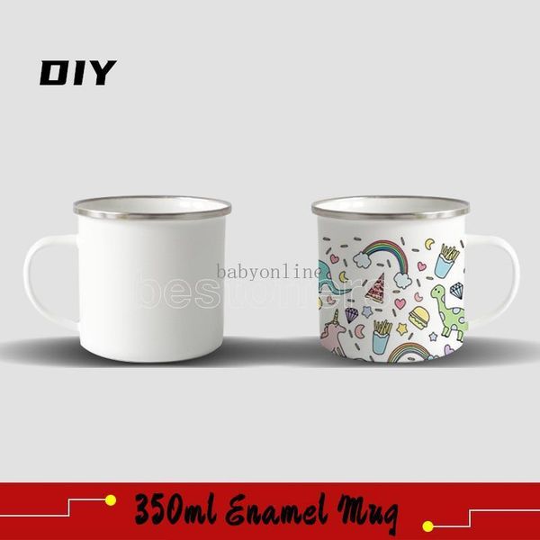 

2021 diy sublimation 12oz enamel mug with silver rim 350ml stainless steel enamelled cup handle blank tooth tumblers water coffee bottles
