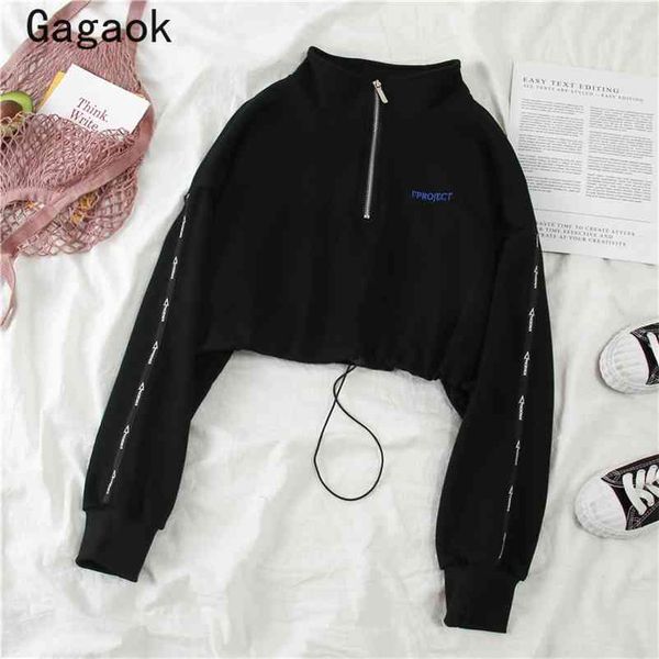 

women streetwear thin hoodies spring autumn turtleneck letter full short navel loose casual wild pullover 210531, Black