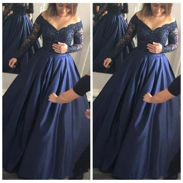 

party dresses 2021 modest long sleeves lace a-line evening navy blue formal up back prom gowns customized vestidos, White;black