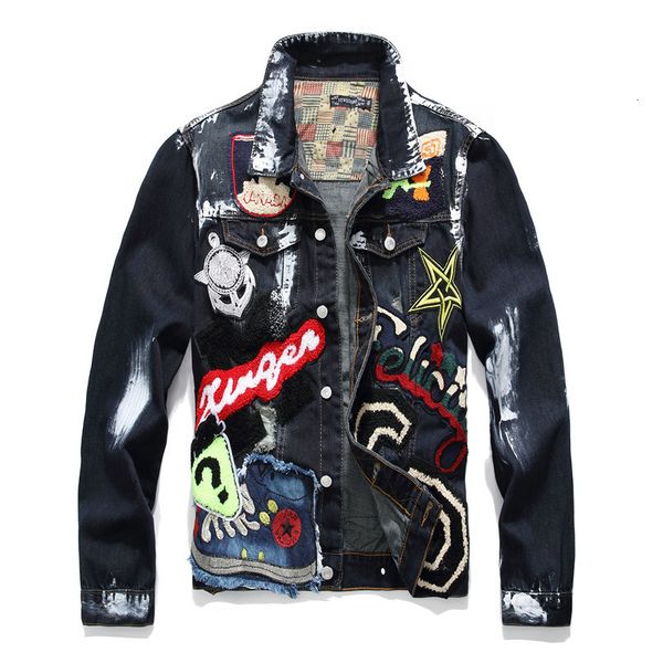 

men's fashion bae patches painted blue black denim jacket trendy beauty patchwork long sleeve coat outerwear t2rq, Black;brown