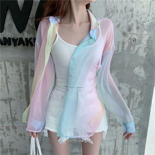 

summer beach rainbow womens shirt long sleeve casual turn down collar cardigan feminina clothes blusas tule, White