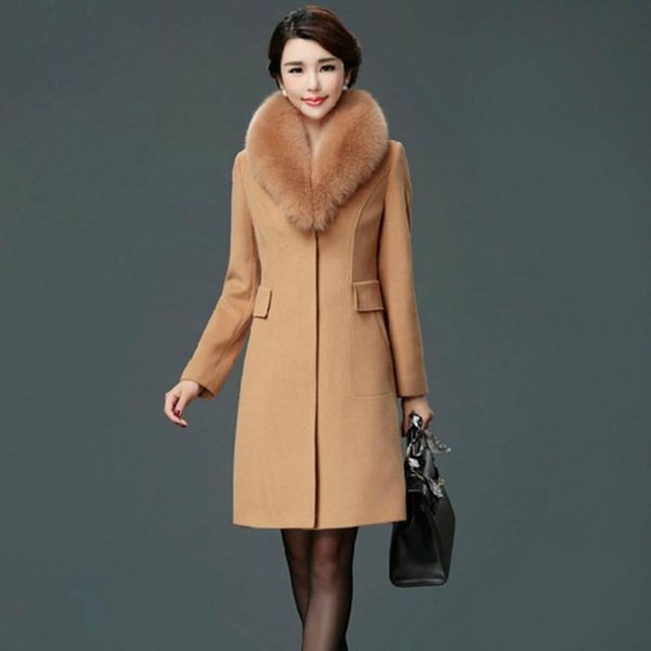 

women's wool & blends women fur collar coat outerwear winter clothing fashion thick warm woolen female elegant for, Black