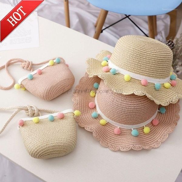 

caps & hats kids girls wide brim straw woven sun protection beach hat colorful pompom ball summer floppy bucket cap portable handbag1, Yellow