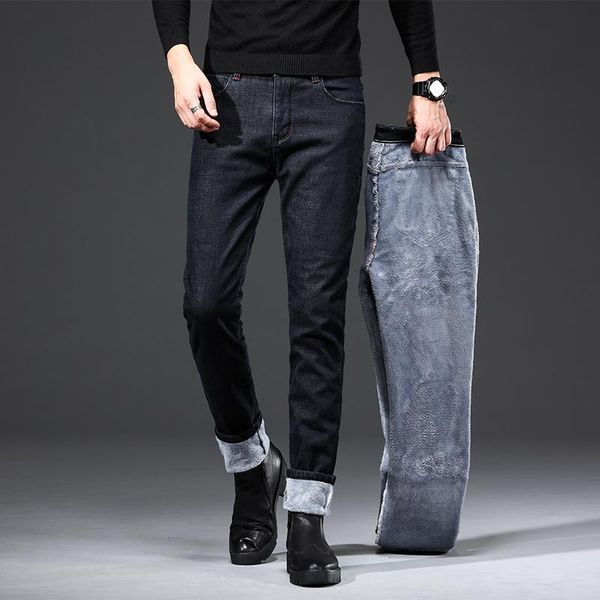 

men's jeans 2021 cool winter men keep warm straight leg high waist plush fleece stretch pants male business fashion denim trousers, Blue