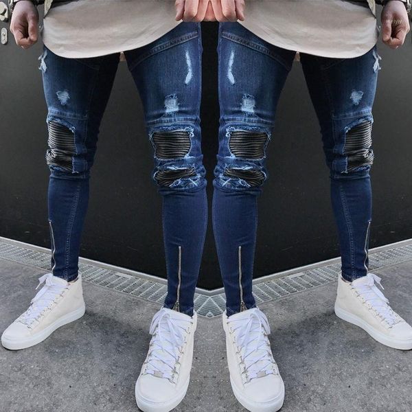 Calças de brim dos homens Roupas 2021 Estilo Hip Hop rasgado Buraco Motorinho Motocicleta Punk Denim Calças Zipper Designer Blue Nelth Man