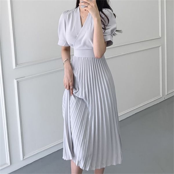 

summer elegant women dress sashes office wear v-neck short sleeve female pleated midi vestidos femme 210603, Black;gray