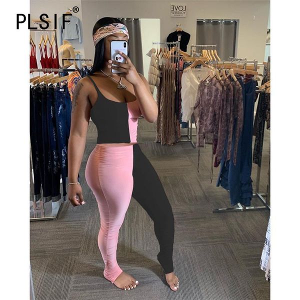 

fashion spliced women summer suit spaghetti strap crop and leggings 2 piece set beach sports set, Gray