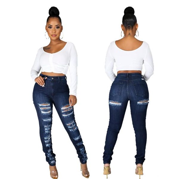 

women's jeans dark blue slim rpped hole denim trousers fashion pants for women