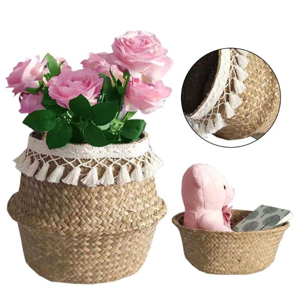 Borse contenitore Cestini intrecciati in alghe naturali Nappa bianca Macrame Belly Garden Vaso da fiori Fioriera Baske Home 2021