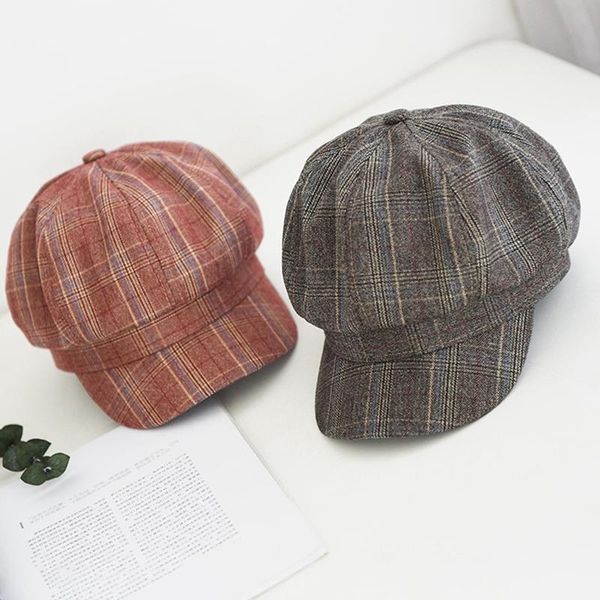 

stingy brim hats autumn and winter hat female literature art retro plaid octagonal japanese peaked cap painter sboy, Blue;gray