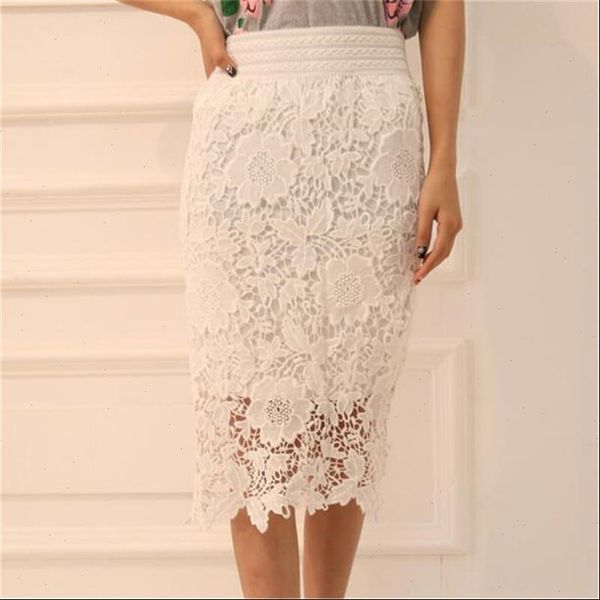 

wholesale 2021 new women lace skirt pencil hollow out white black skirt knee length plus size s 3xl ing