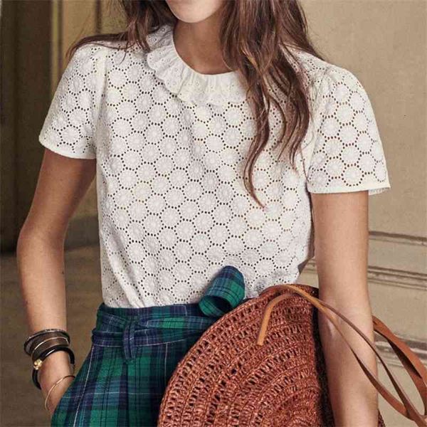 

women's knits & tees brigitte embroidery blouse women cotton short sleeve o neck ruffles chic elegant shirts summer vintage white