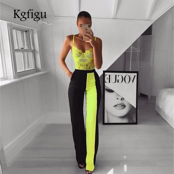 

women's pants & capris kgfigu office lady wear outfits 2021 summer neon green high waisted wide leg casual trousers women palazzo, Black;white