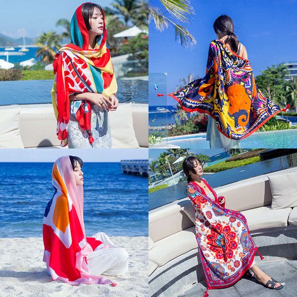 

designer silk summer and autumn new national style scarf seaside sunshade p beach towel travel shawl, Blue;black