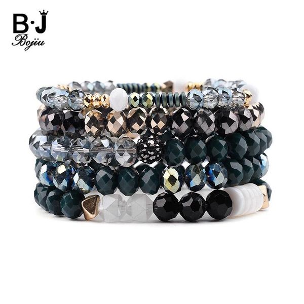 

charm bracelets bojiu 5 pcs/set boho elastic gray green black gold crystal for women trendy handmade lady bracelet bcset233, Golden;silver
