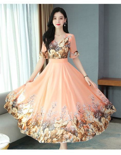 

elegant women floral print v-neck short sleeve long dress, White