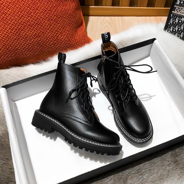 

boots women shoes 2021 autumn wind genuine leather thick with fur ladies short female motorcycle, Black