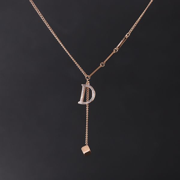 

titanium steel necklace female letter d square tassel pendant exquisite fashion niche design sweater chain swing, Silver