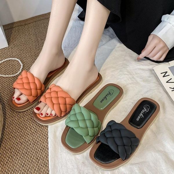 

slippers 2021 women fashion weave flat sandal ladies outdoor beach lady shoes home lovely casual office female flip flops, Black