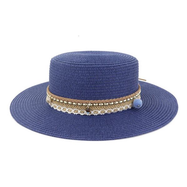 

2021 women protective solid wide brim flat straw hats band chain handmade casual outdoor beach summer sun hat new fuyx, Blue;gray
