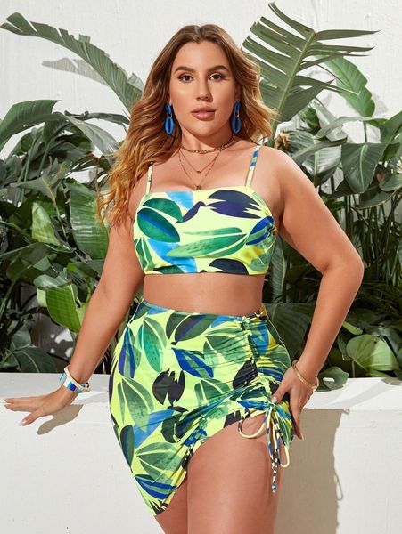 

plus tropical print high waisted bikini swimsuit with beach skirt 70rt#, Black