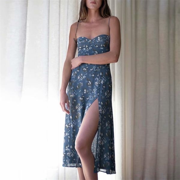 

french vintage floral print women spaghetti strap dress sleeveless backless ladies split dress vestidos 210603, Black;gray