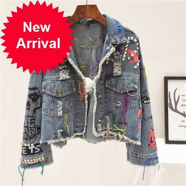 

2021 spring autumn women street fashion graffiti denim female personality short raw cut rivet jacket fringe jean coat, Black;brown