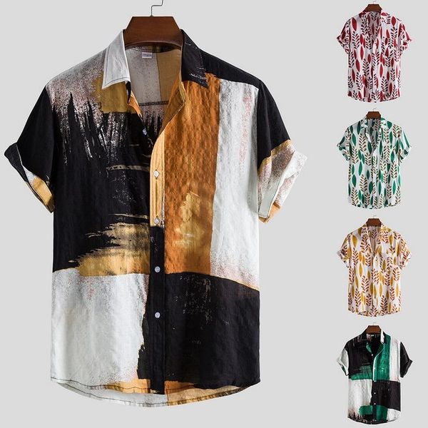 

men's casual shirts men printed hawaiian beach shirt blousemen short sleeve button down lapel print beachwear with pocket, White;black